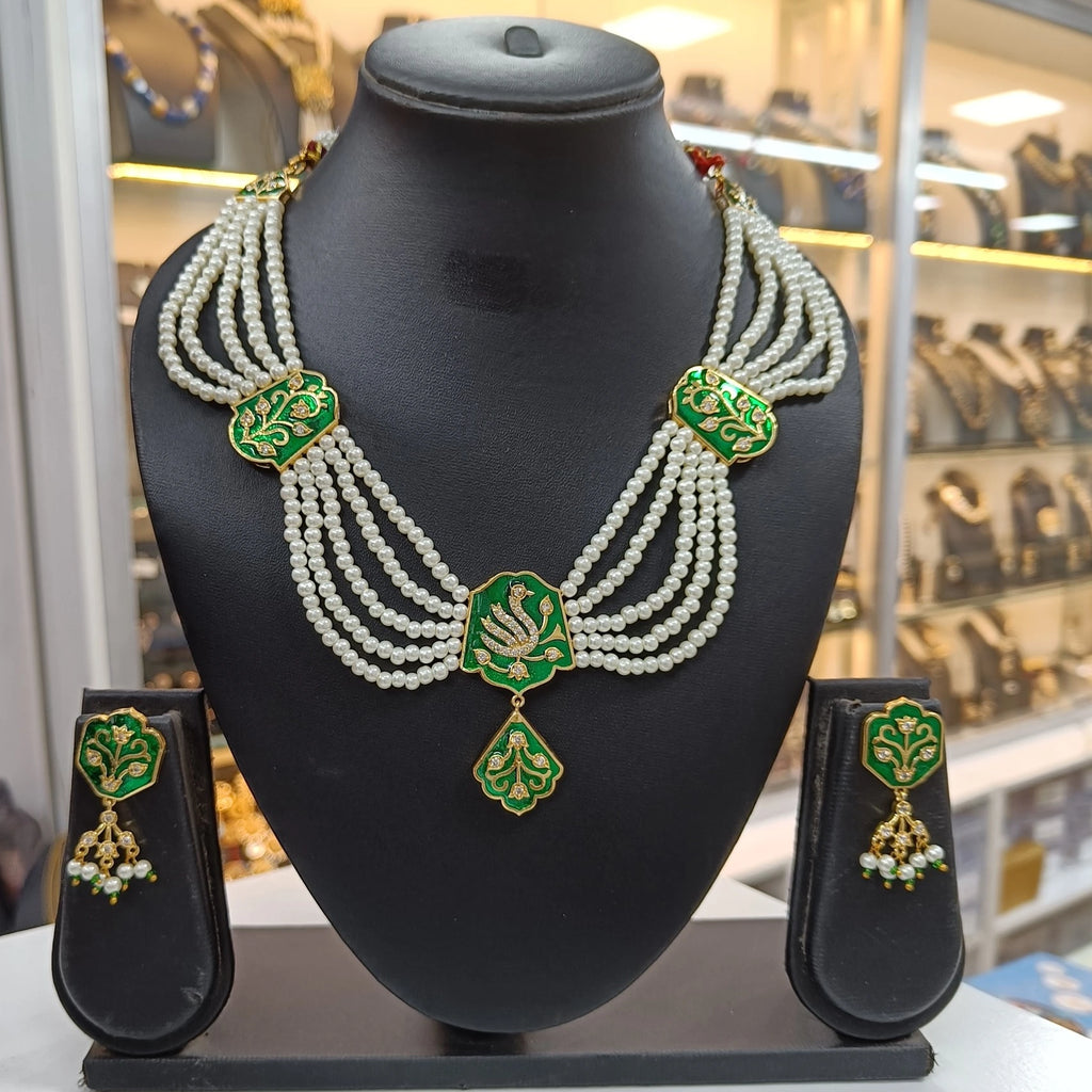 Navya Meena American Diamond White Moti Green Necklace Set