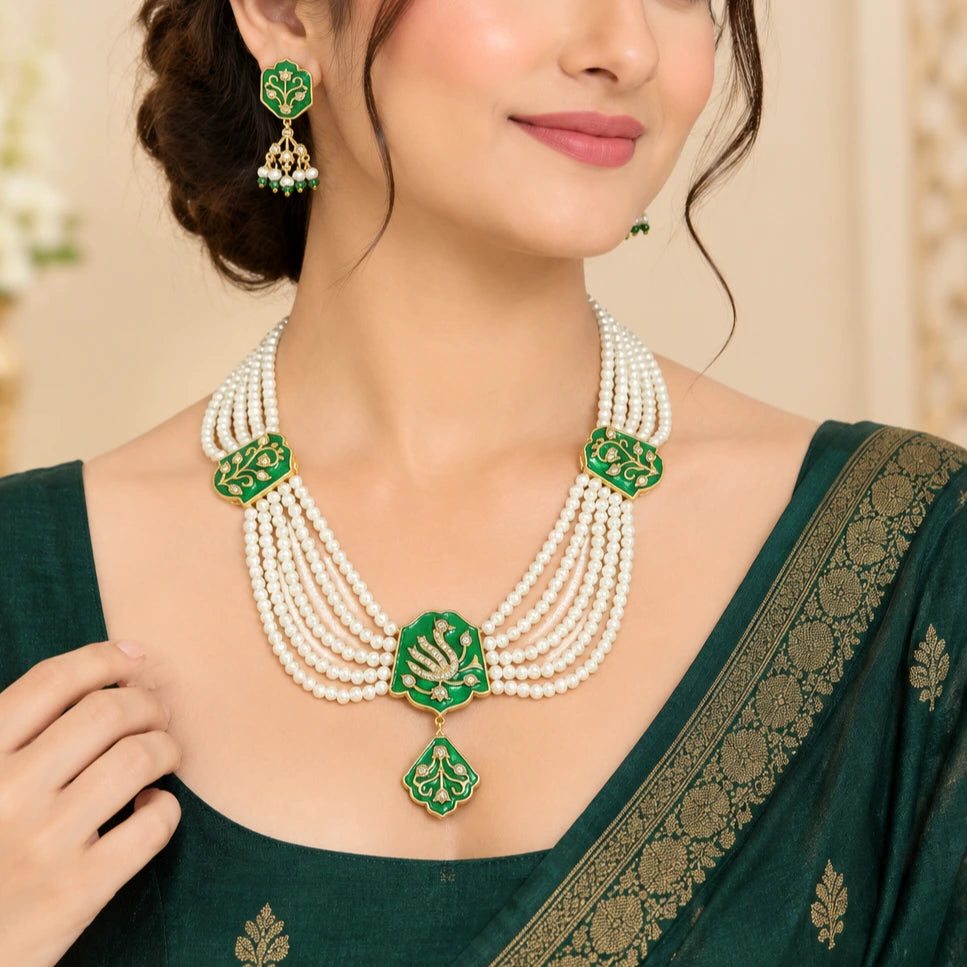 Navya Meena American Diamond White Moti Green Necklace Set