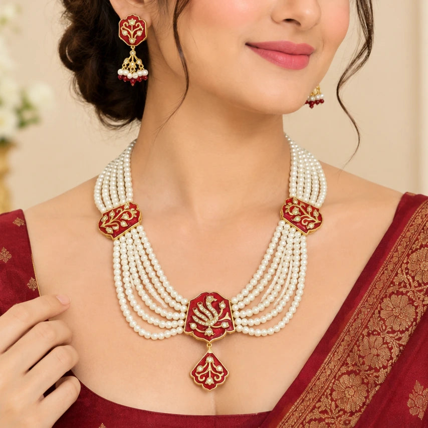 Navya Meena American Diamond White Moti Red Necklace Set