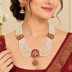 Navya Meena American Diamond White Moti Red Necklace Set