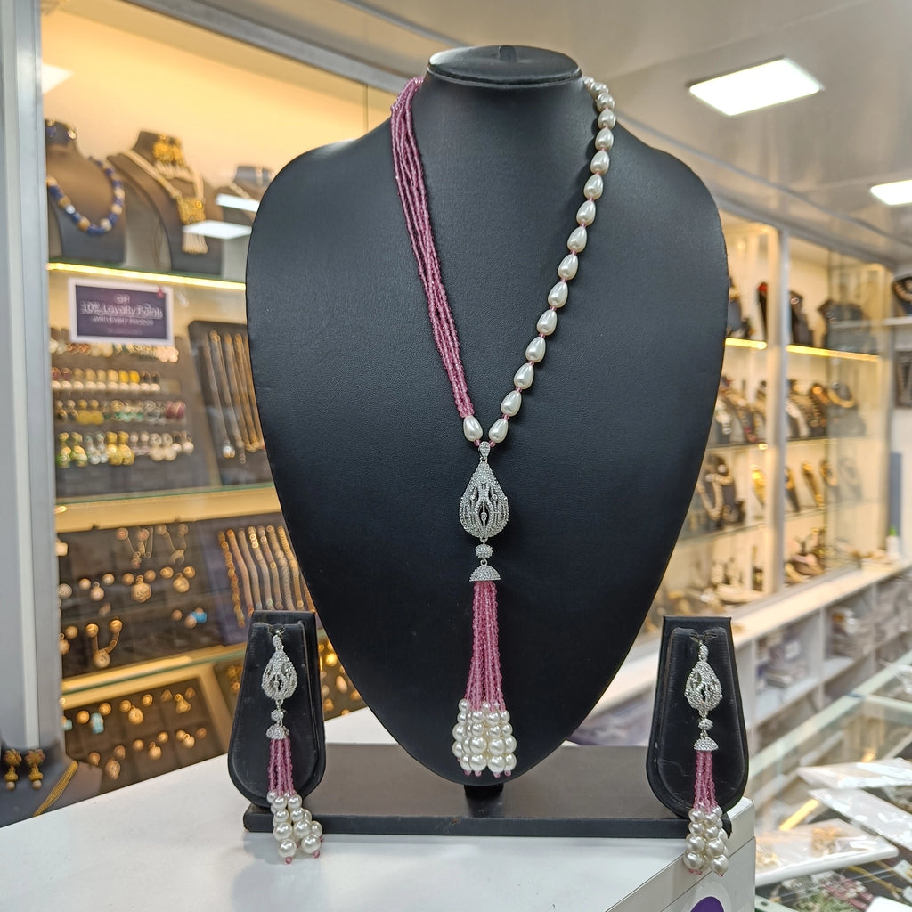 Prisha Elegant Teardrop Pendant & Earring Baby Pink Long Necklace Set