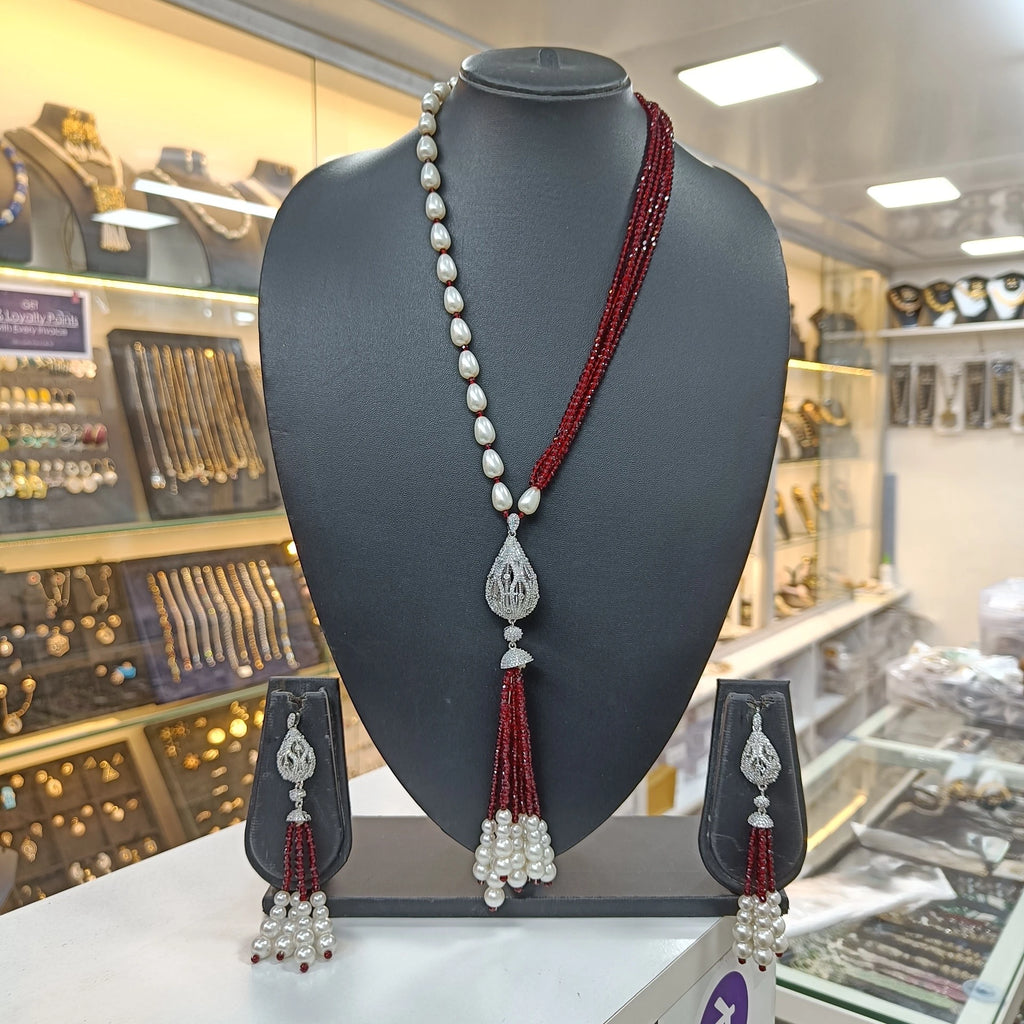 Prisha Maroon Teardrop Pendant & Earring Long Necklace Set