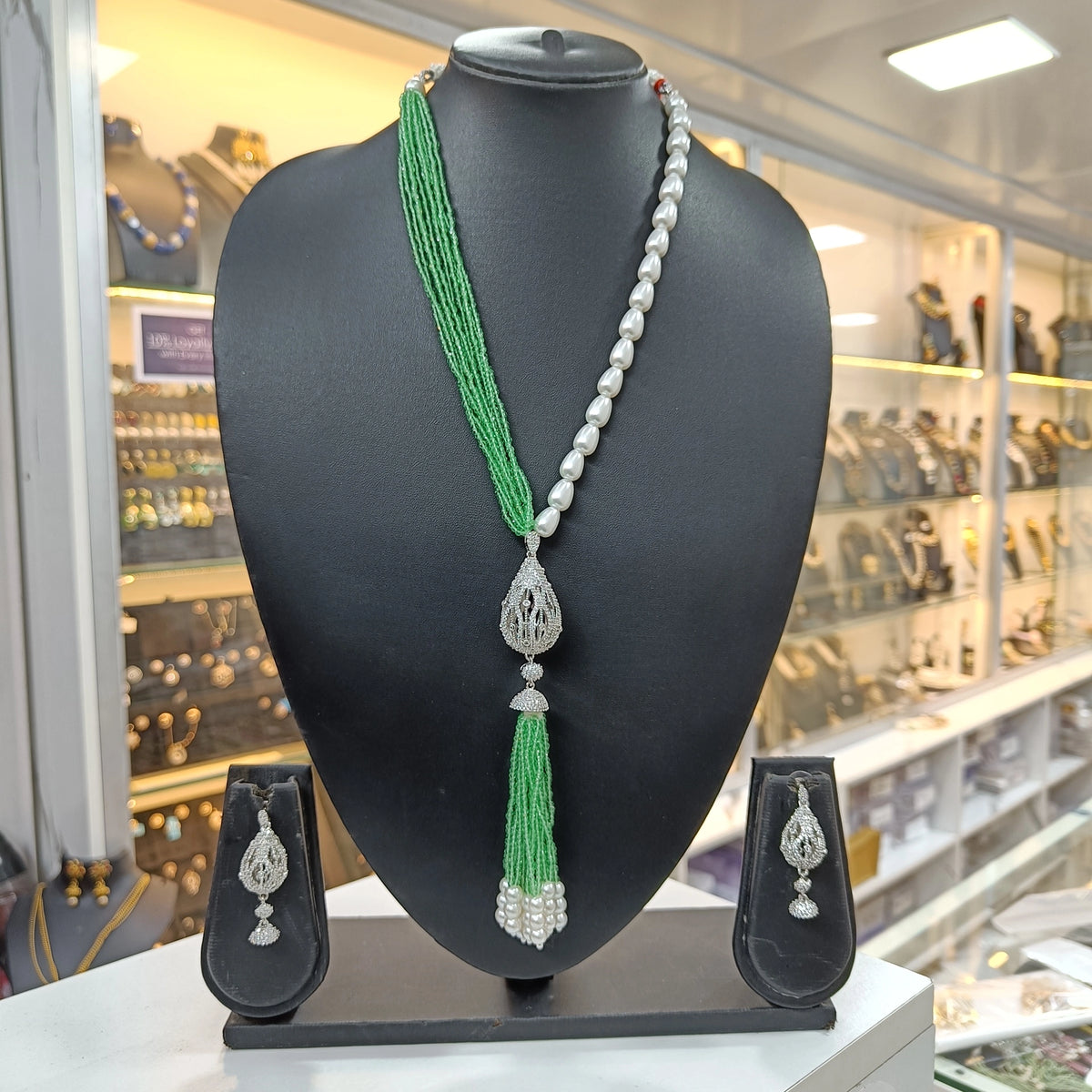 Prisha Mint Green Teardrop Pendant & Earring Long Necklace Set