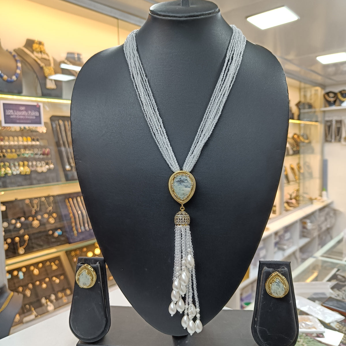 Natural Stone Pendant Earring Designer Long Necklace Set