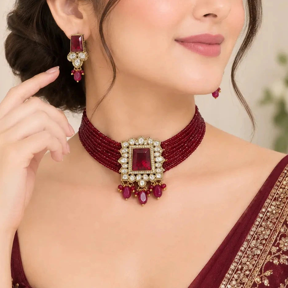 Anvi Elegant Polki Kundan Pendant Maroon Choker Necklace set