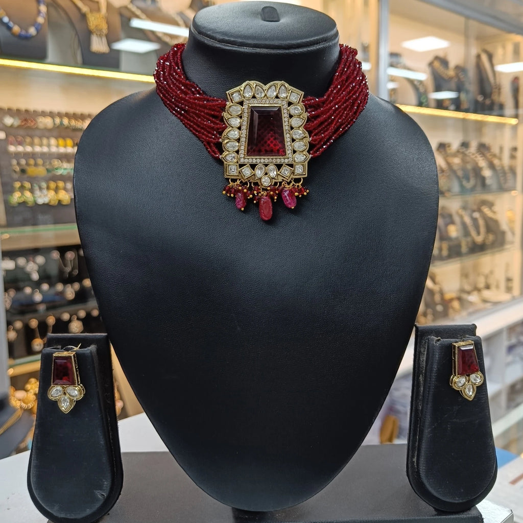 Anvi Elegant Polki Kundan Pendant Maroon Choker Necklace set