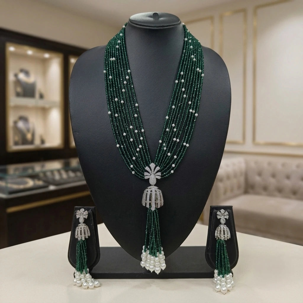 Myra American Diamond Pendant Earring Green Layered Long Necklace Set