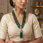 Myra American Diamond Pendant Earring Green Layered Long Necklace Set