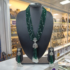 Myra American Diamond Pendant Earring Green Layered Long Necklace Set