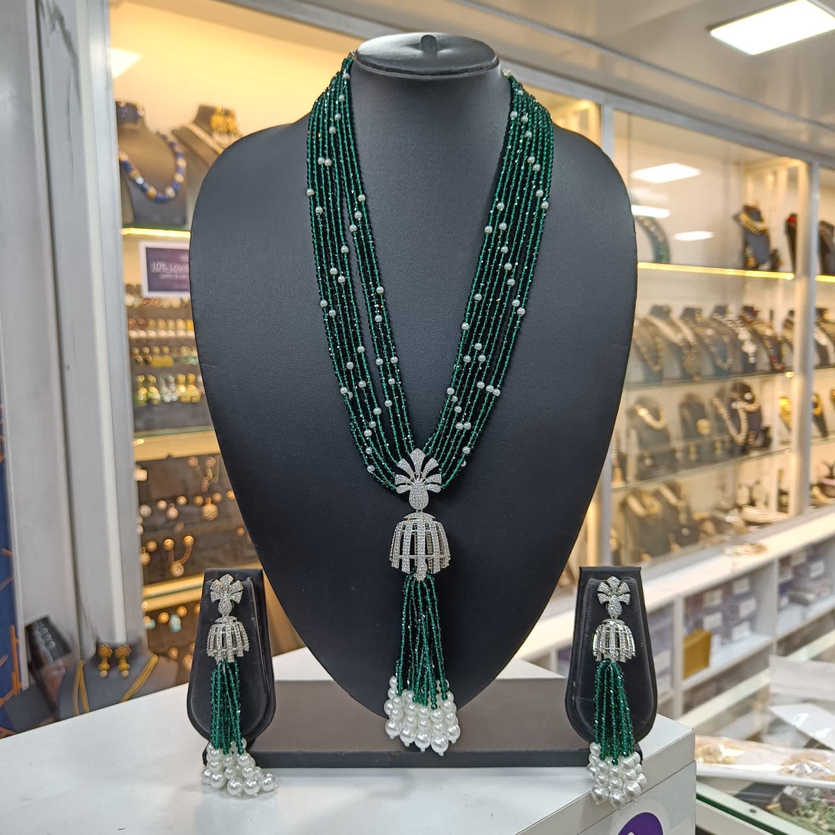 Myra American Diamond Pendant Earring Green Layered Long Necklace Set