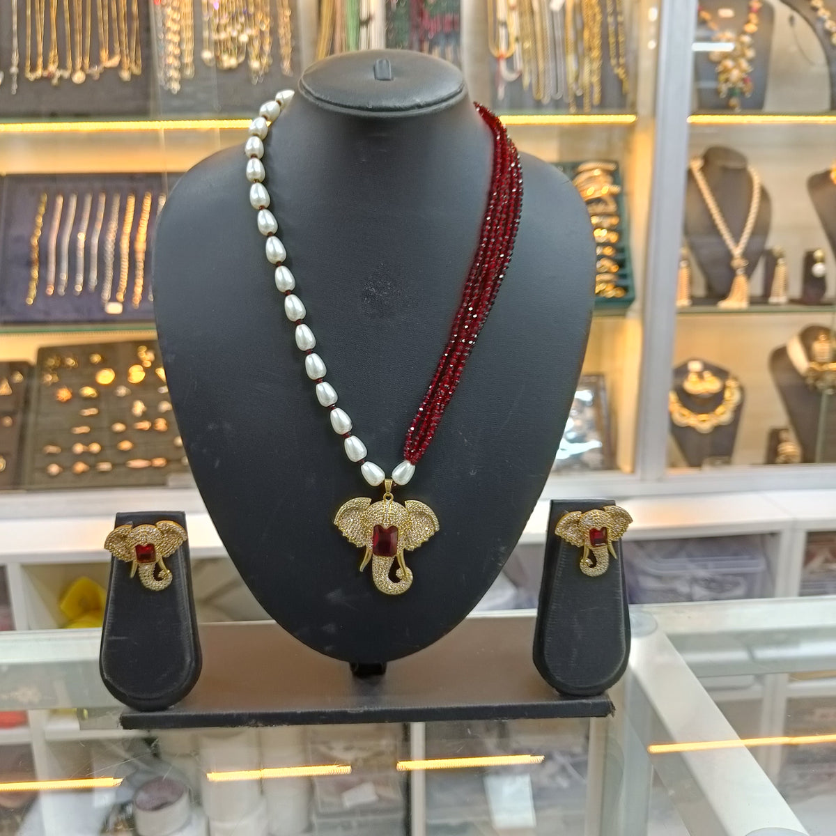Ganesha American Diamond Pendant Earring Necklace Set