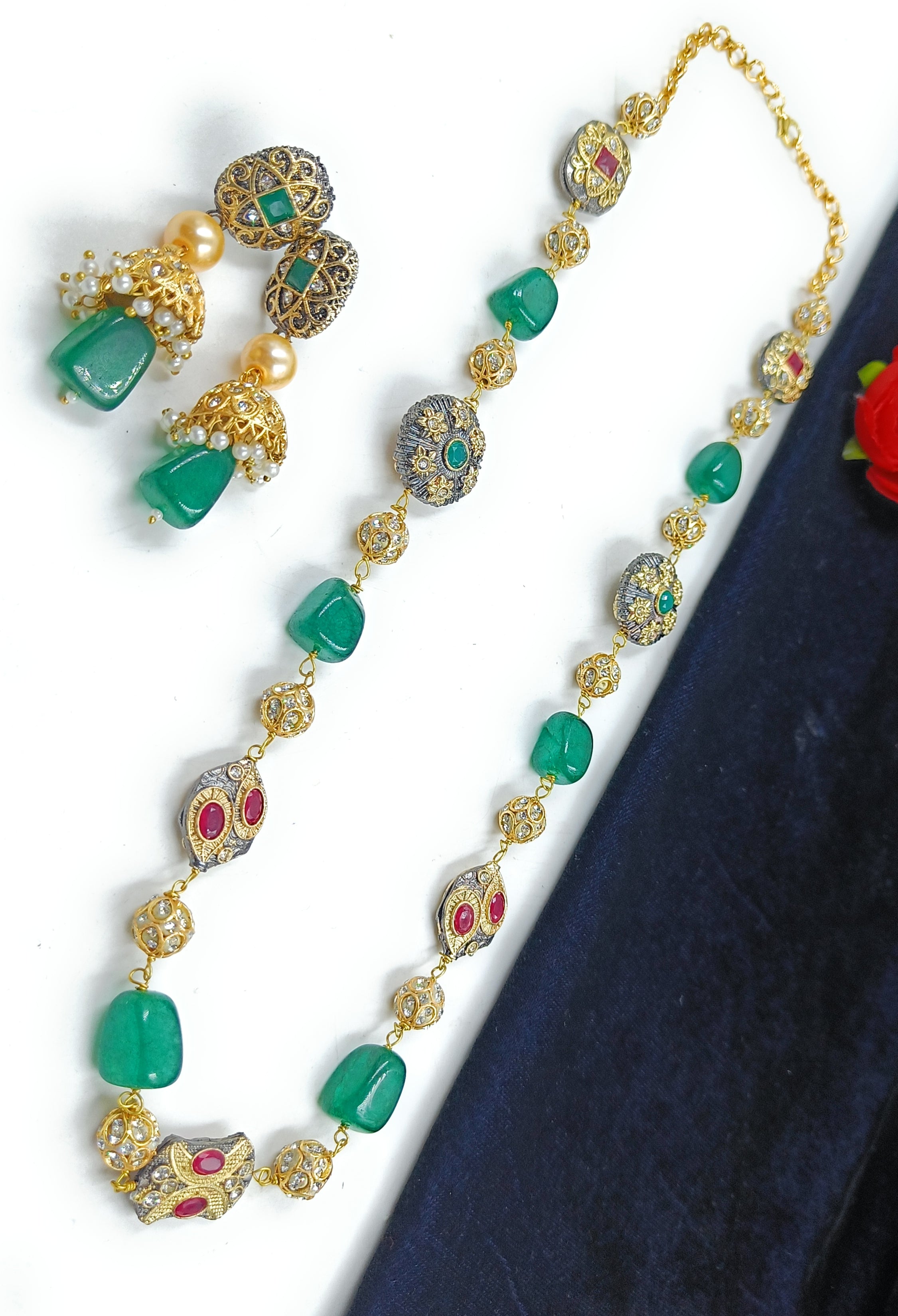 Anushka Fine Touch Premium Quality Fusion Semiprecious Single line Stone Mala Necklace Jewellery Mala Set | JewelOn