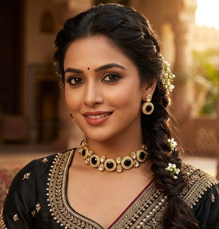 Classic Maharani Collection Black Kundan Choker Necklace Set | JewelOn