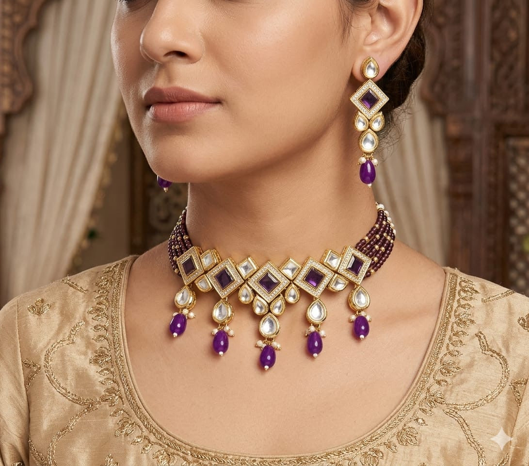 Aakarshak Maharani Collection Purple Kundan Choker Necklace Set | JewelOn