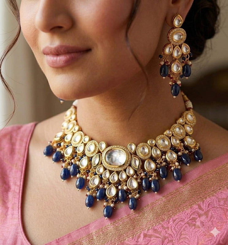 Ethereal Maharani Collection Blue Kundan Choker Jewellery Set | JewelOn