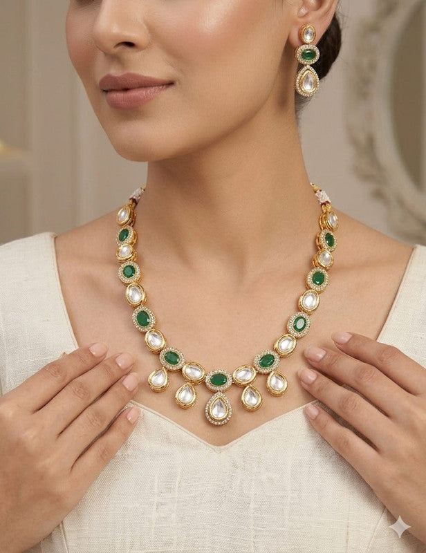Resplendent Maharani Collection Green Stone Kundan Necklace Jewellery Set | JewelOn