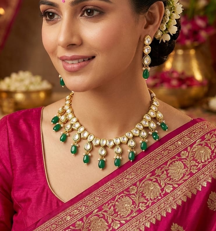 Captivating Maharani Collection Green Choker Necklace Jewellery Set | JewelOn