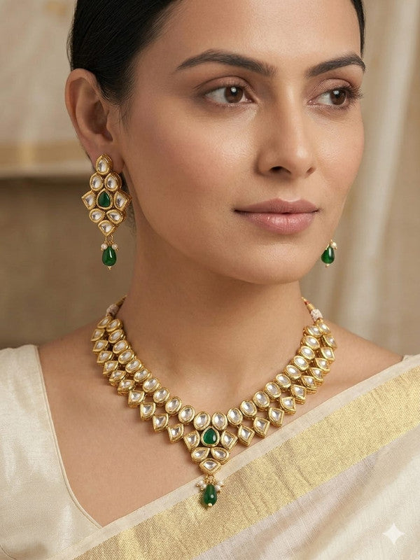 Luxurious Maharani Collection Kundan Green Choker Necklace Set | JewelOn