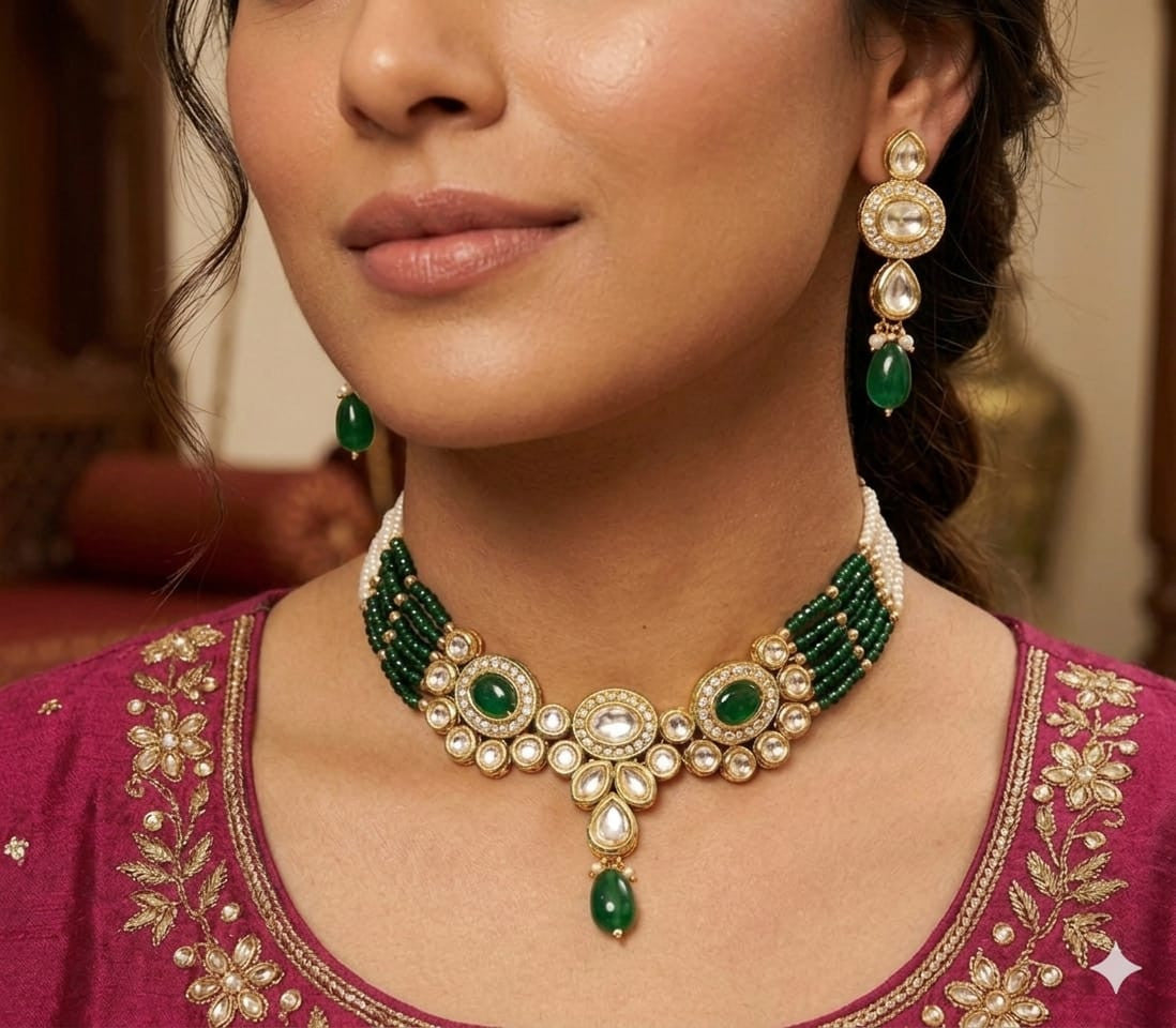 Sublime Maharani Collection Green Kundan Choker Necklace Jewellery Set | JewelOn