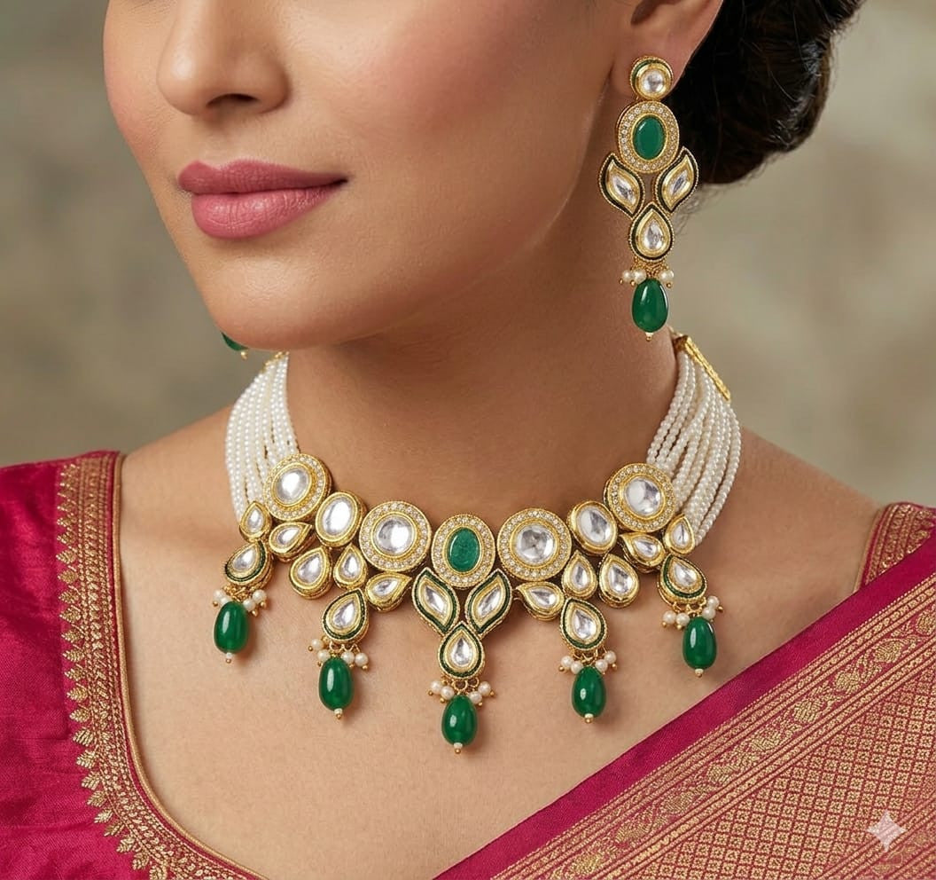 Unmatched Maharani Collection Green Kundan Choker White Perls Necklace Jewellery Set | JewelOn