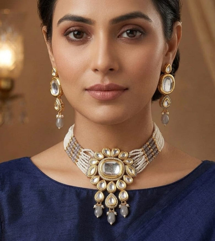 Imperial Maharani Collection Grey Kundan Choker Necklace Jewellery Set | JewelOn