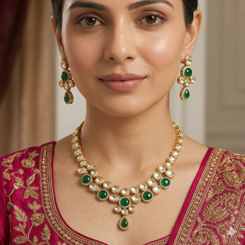 Scenic Maharani Collection Green Kundan Choker Necklace Earring Jewellery Set | JewelOn