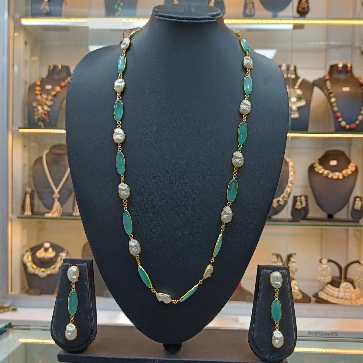 Mahika Mint Green Statement Oval Stone Necklace Earring Set