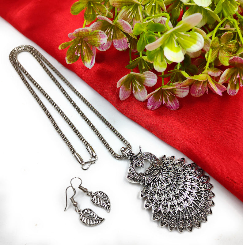 Mayura Peacock Oxidised Pendant Necklace Earring Set | JewelOn