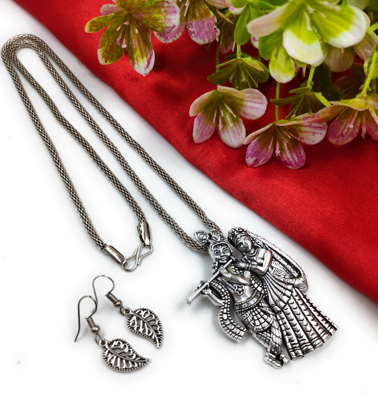 Radha Krishna Oxidised Pendant Necklace Earring Set | JewelOn