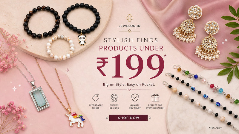 Jewelry products with 'Jewelon.in' branding on a pink background Shop_under_Rs_199_at_jewelon.in
