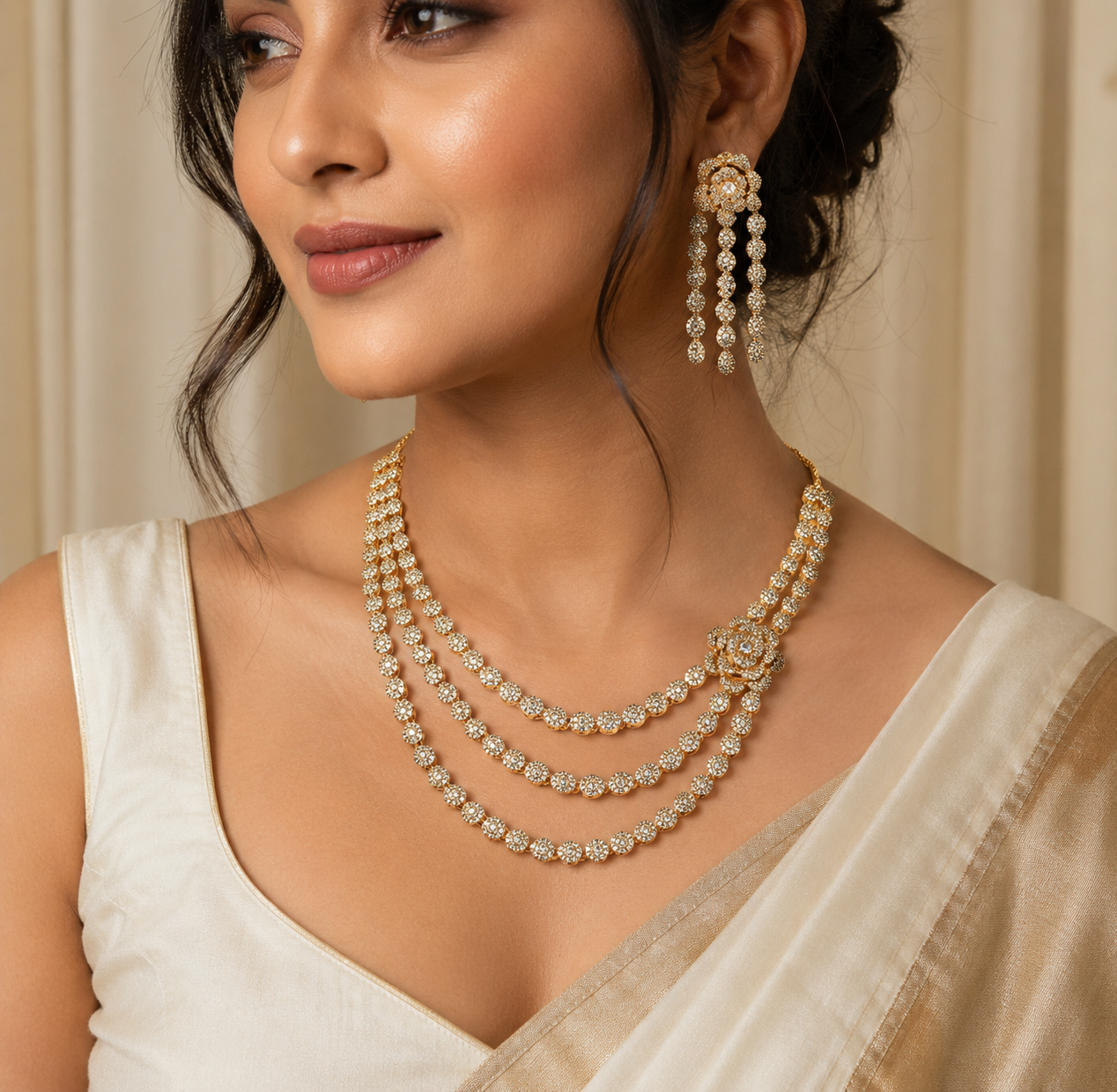 Rangdhara Rose Gold American Diamond 3 Line Necklace Set | JewelOn