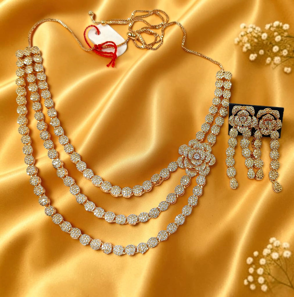 Rangdhara Rose Gold American Diamond 3 Line Necklace Set | JewelOn