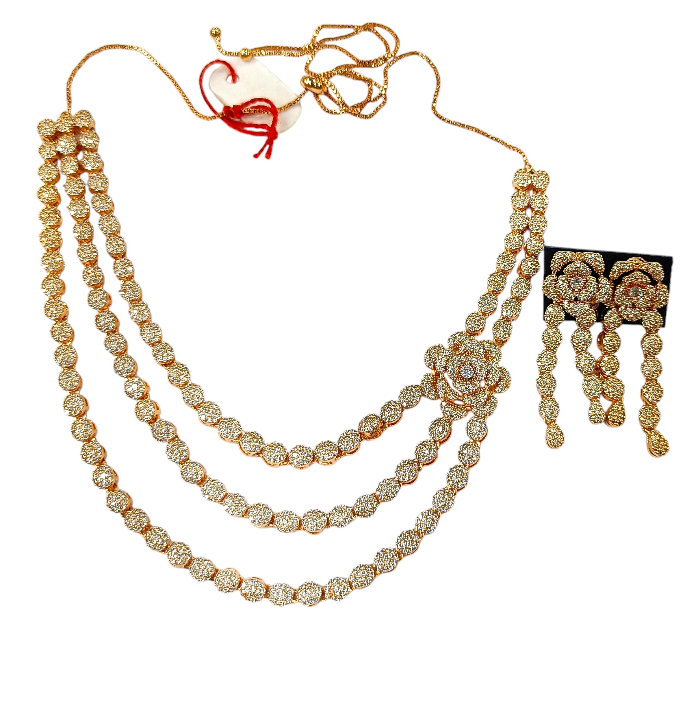 Rangdhara Rose Gold American Diamond 3 Line Necklace Set | JewelOn