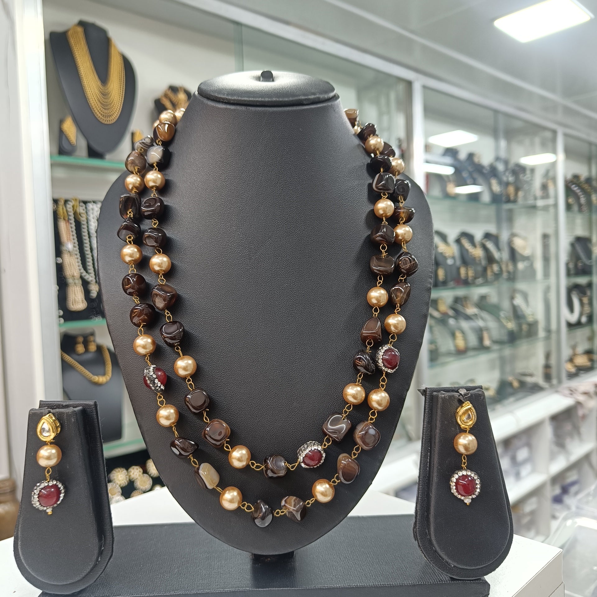 Mrittika Brown Semiprecious Stone Mala Necklace Earring Set | JewelOn