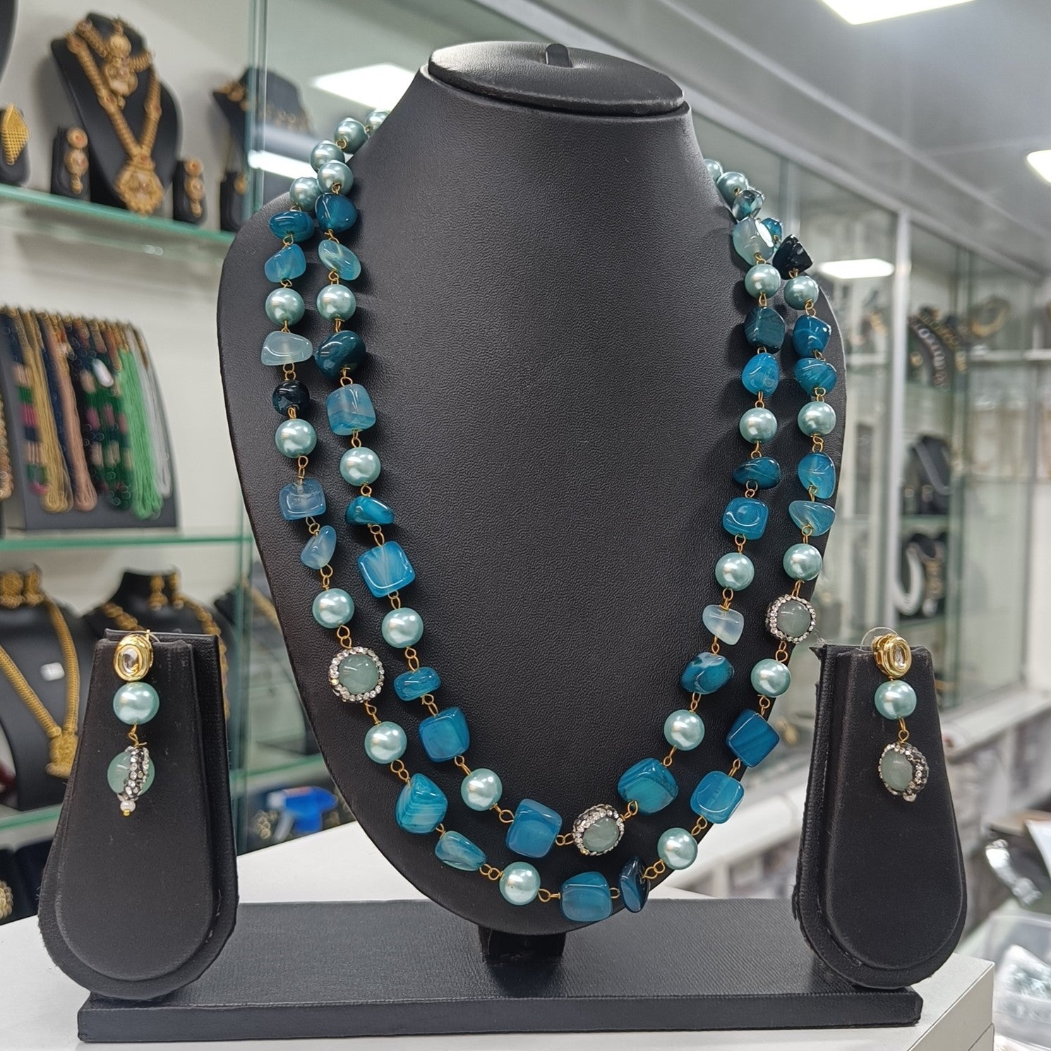 Nilambari Blue Semiprecious Stone Mala Necklace & Earring Set | JewelOn
