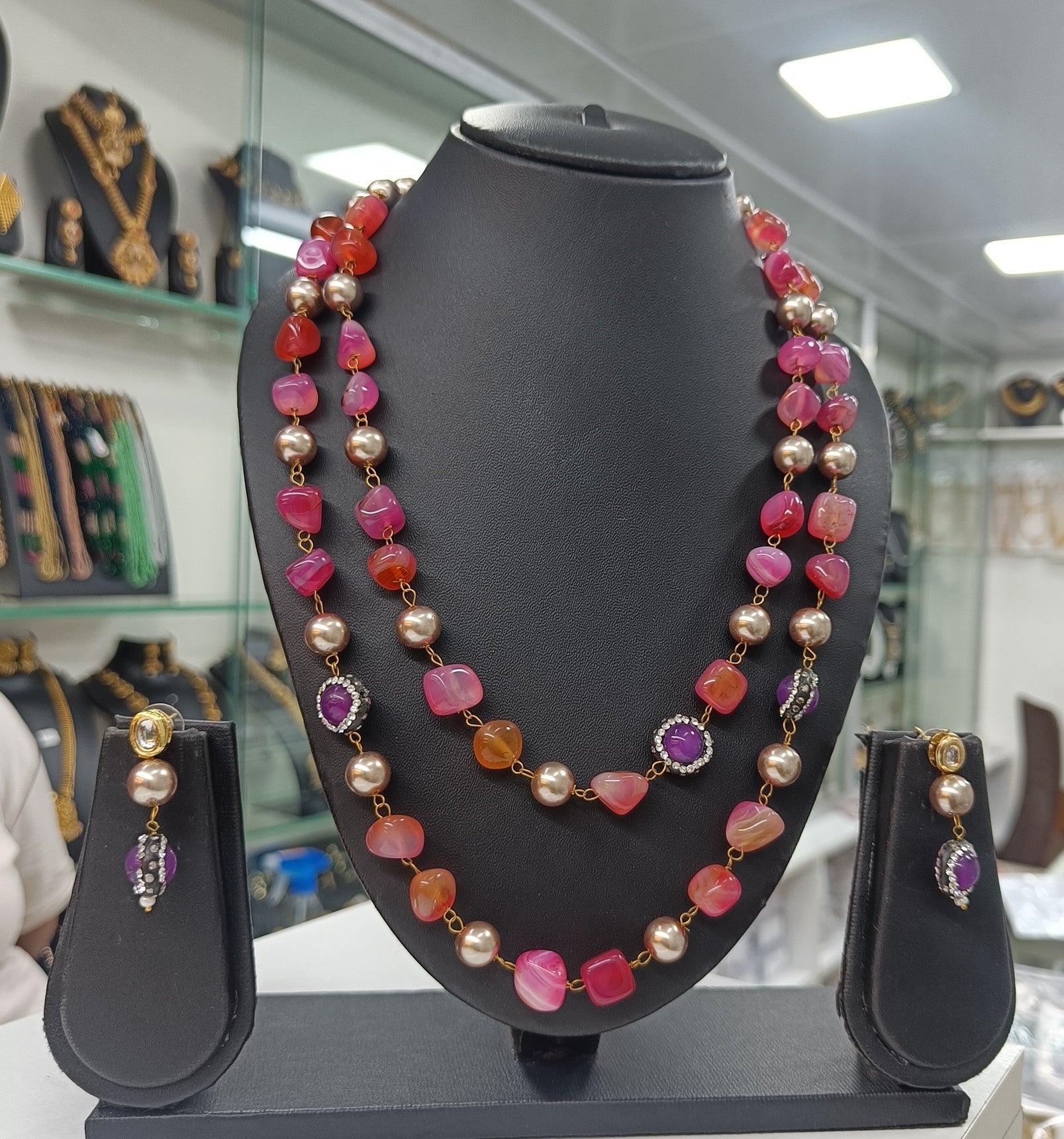 Rani Haar Pink Semiprecious Stone Mala Necklace Earring Set | JewelOn