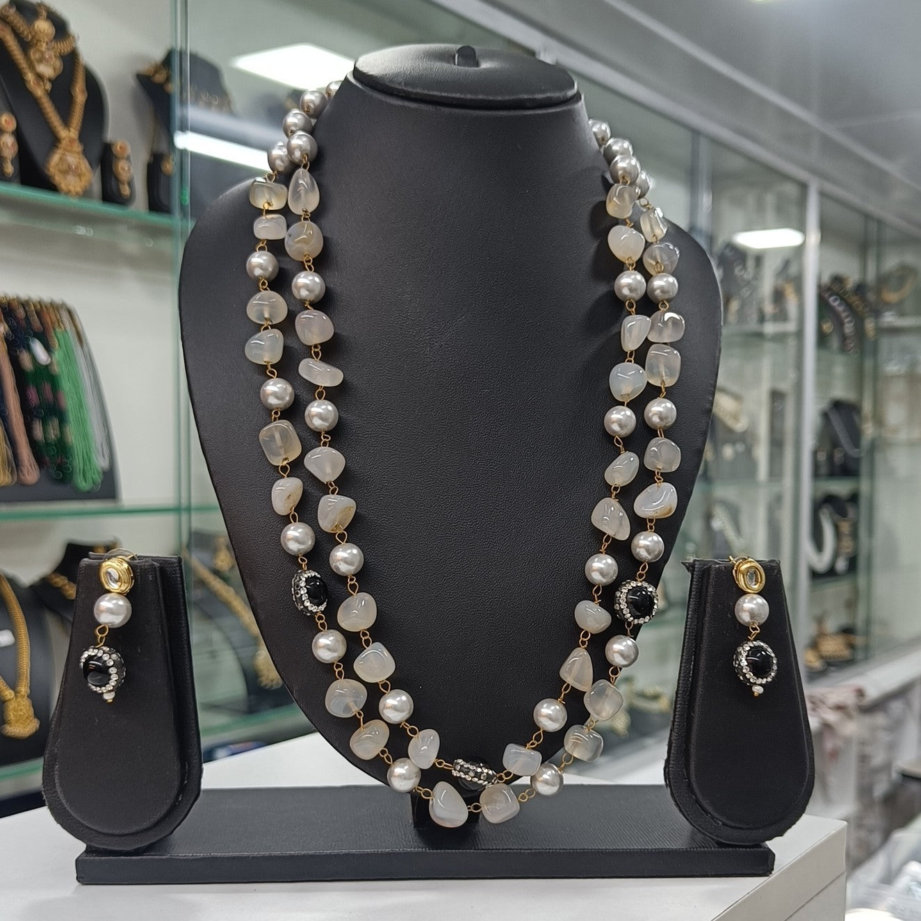 Shwetamani White Semiprecious Stone Mala Necklace & Earring Set | JewelOn