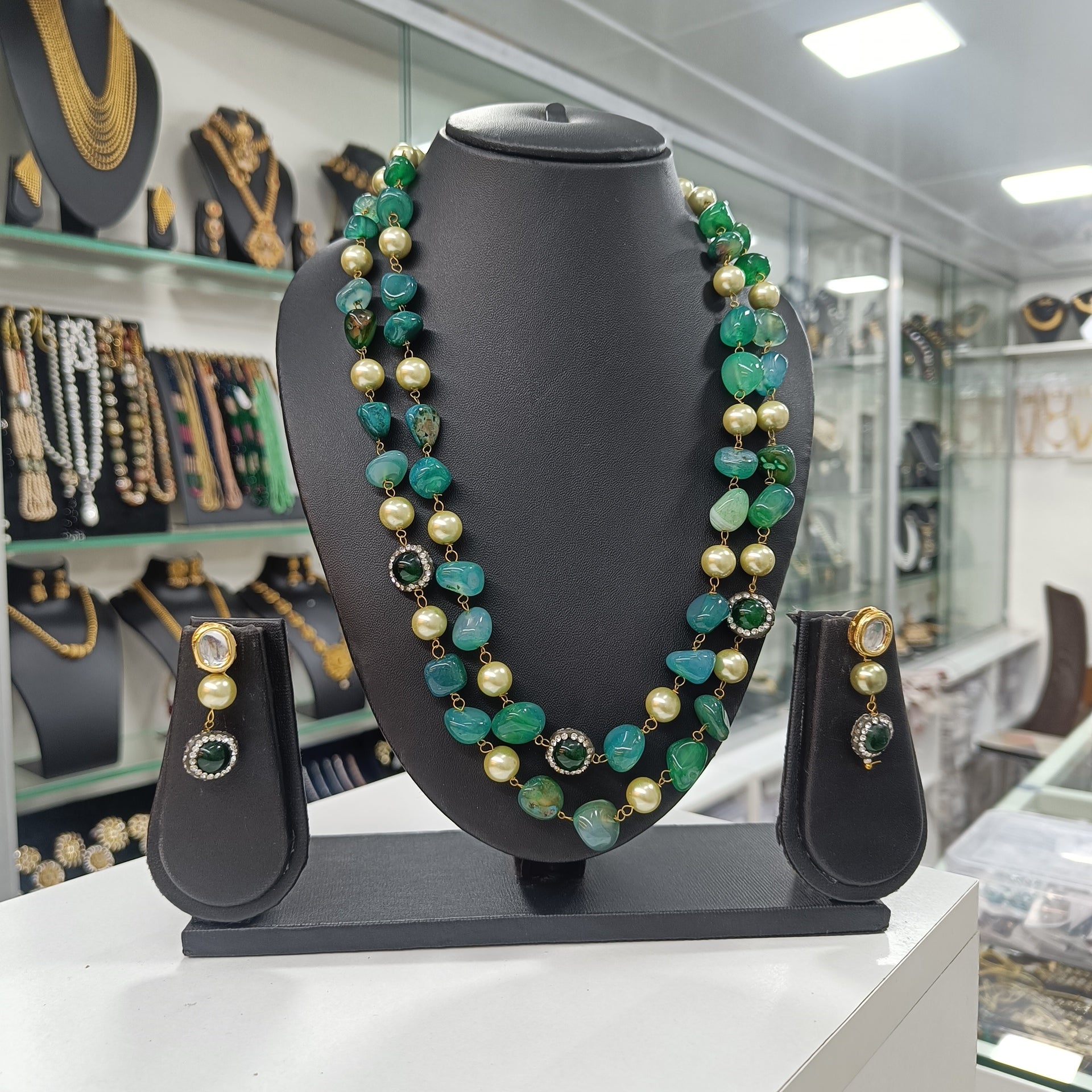 Haritika Green Semiprecious Stone Mala Necklace Earring Set | JewelOn