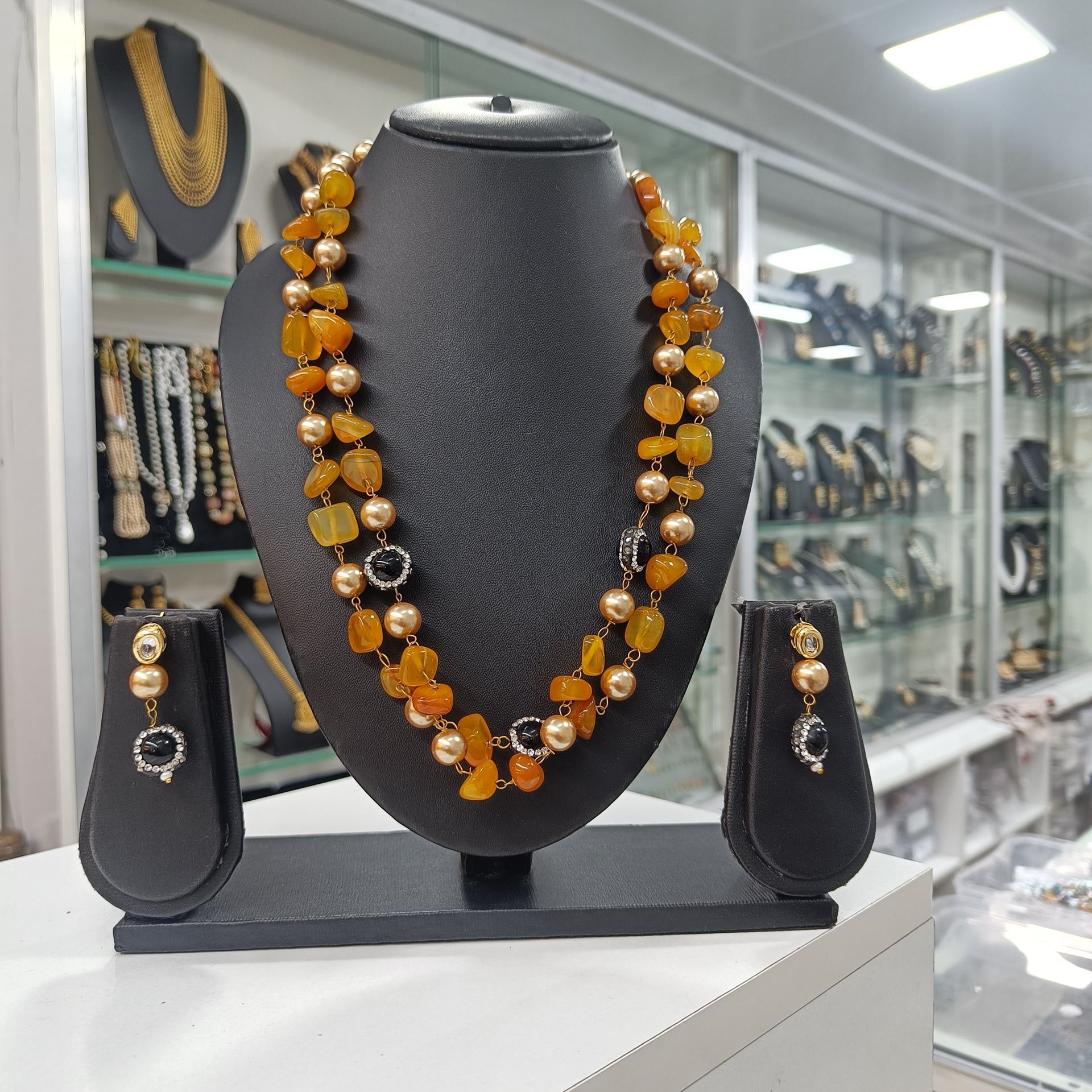 Suvarna Yellow Semiprecious Stone Mala Necklace & Earring Set | JewelOn