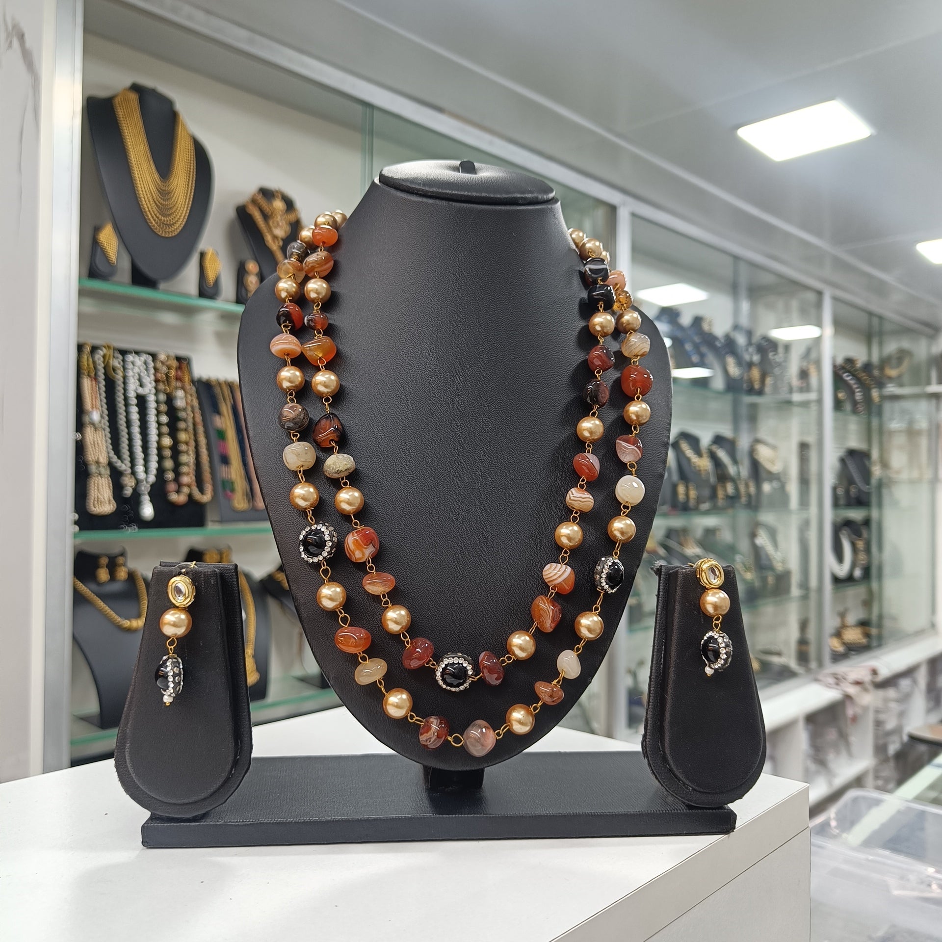 Mrittika Light Brown Semiprecious Stone Mala Necklace & Earring Set | JewelOn