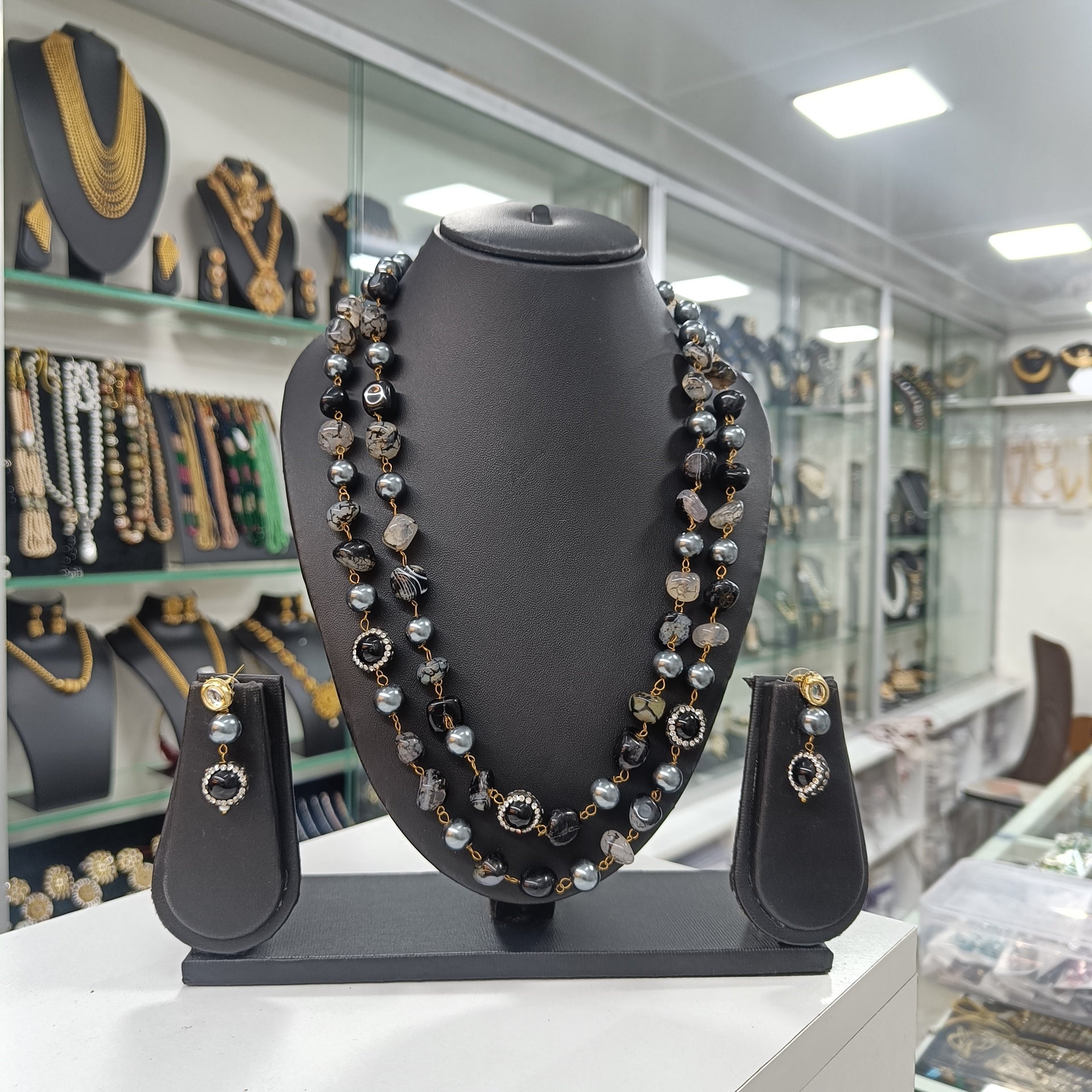 Nilakshi Semiprecious Stone Mala Necklace & Earring Set | JewelOn