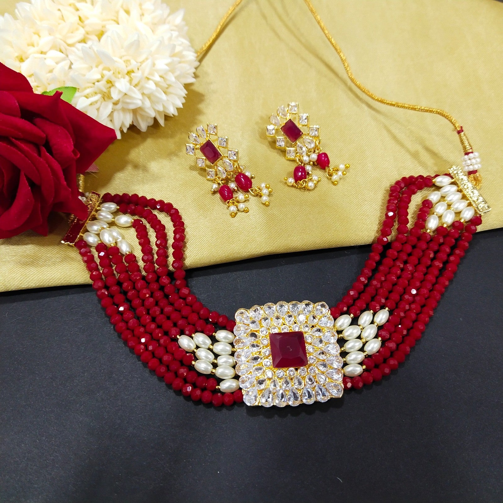 Radiant Crystal Beads Choker Red