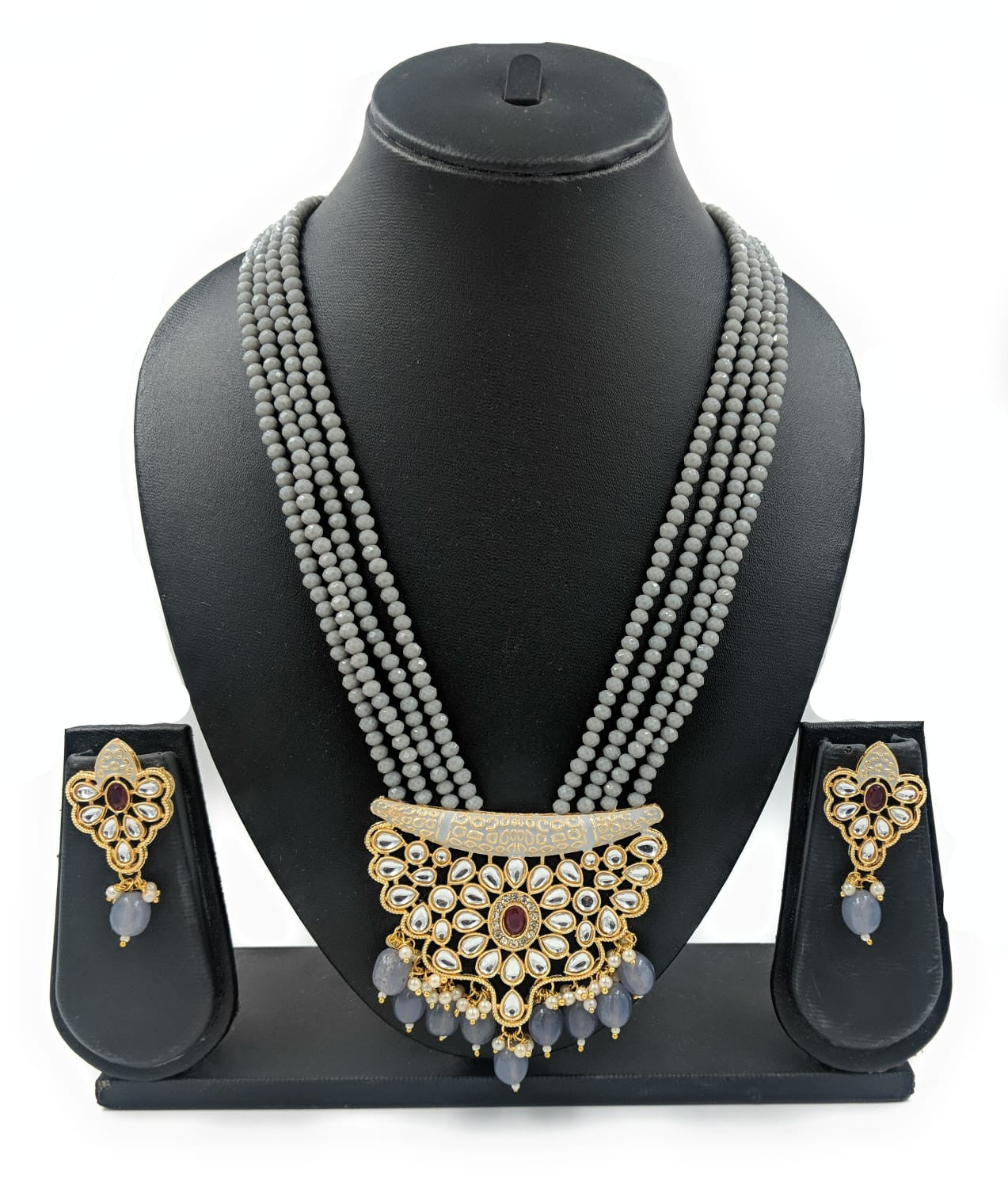 Kundan Pendant Necklace Set (Grey)