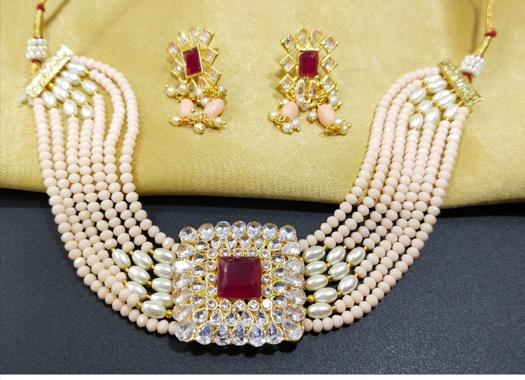 Crystal Beads Choker Necklace set Peach)