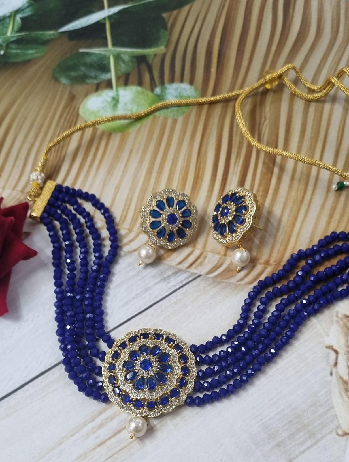 American Diamond Choker Necklace Set (Blue)