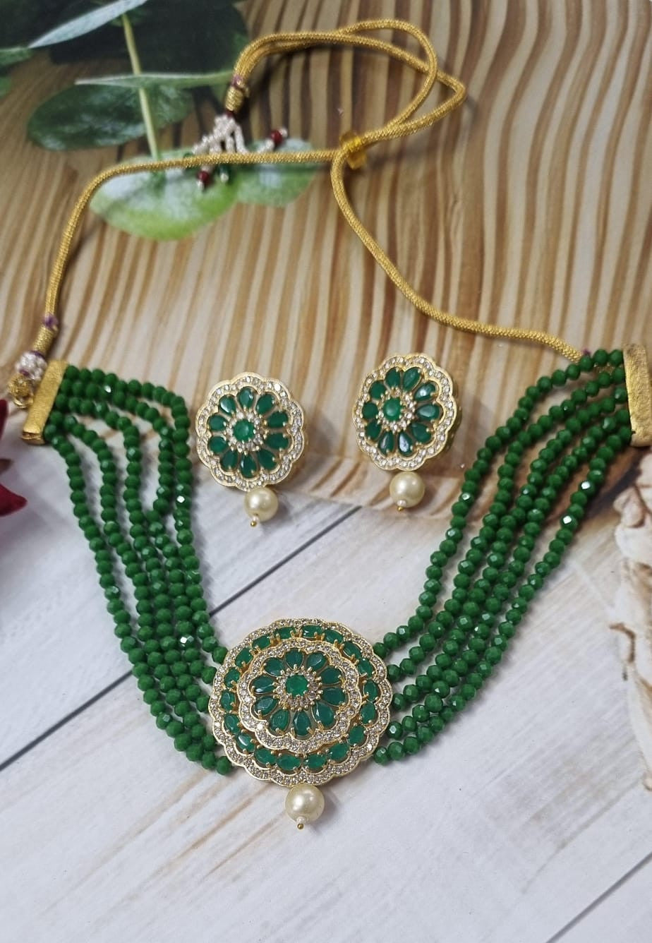 American Diamond Choker Necklace Set (Green)