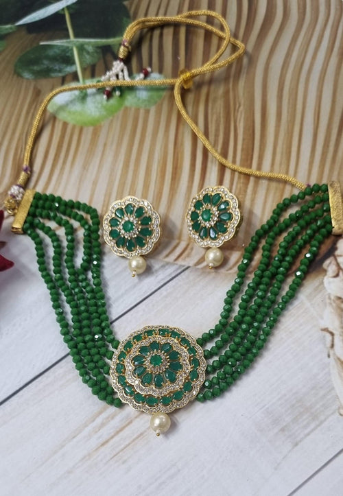American Diamond Choker Necklace Set (Green)