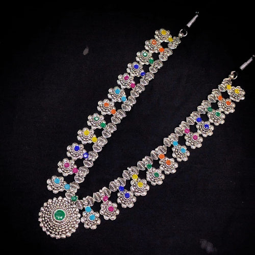 JewelOn Advika Spark multi-colored Kundan oxidised necklace set with a green central stone and floral motifs.