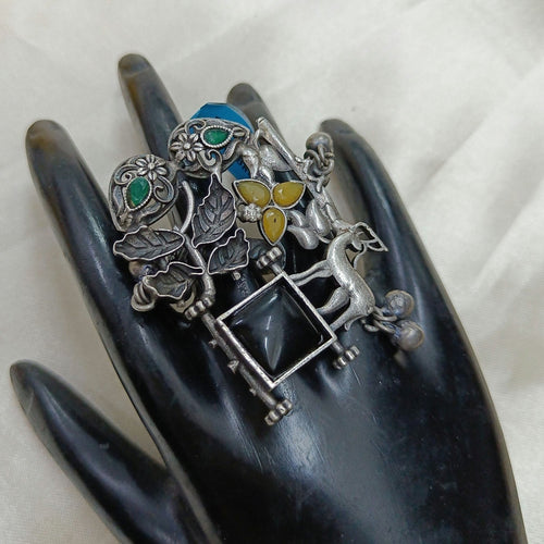 JewelOn Anjali Adorable Oxidised Plated Ring with black, blue, green, and yellow stones, featuring a deer motif.