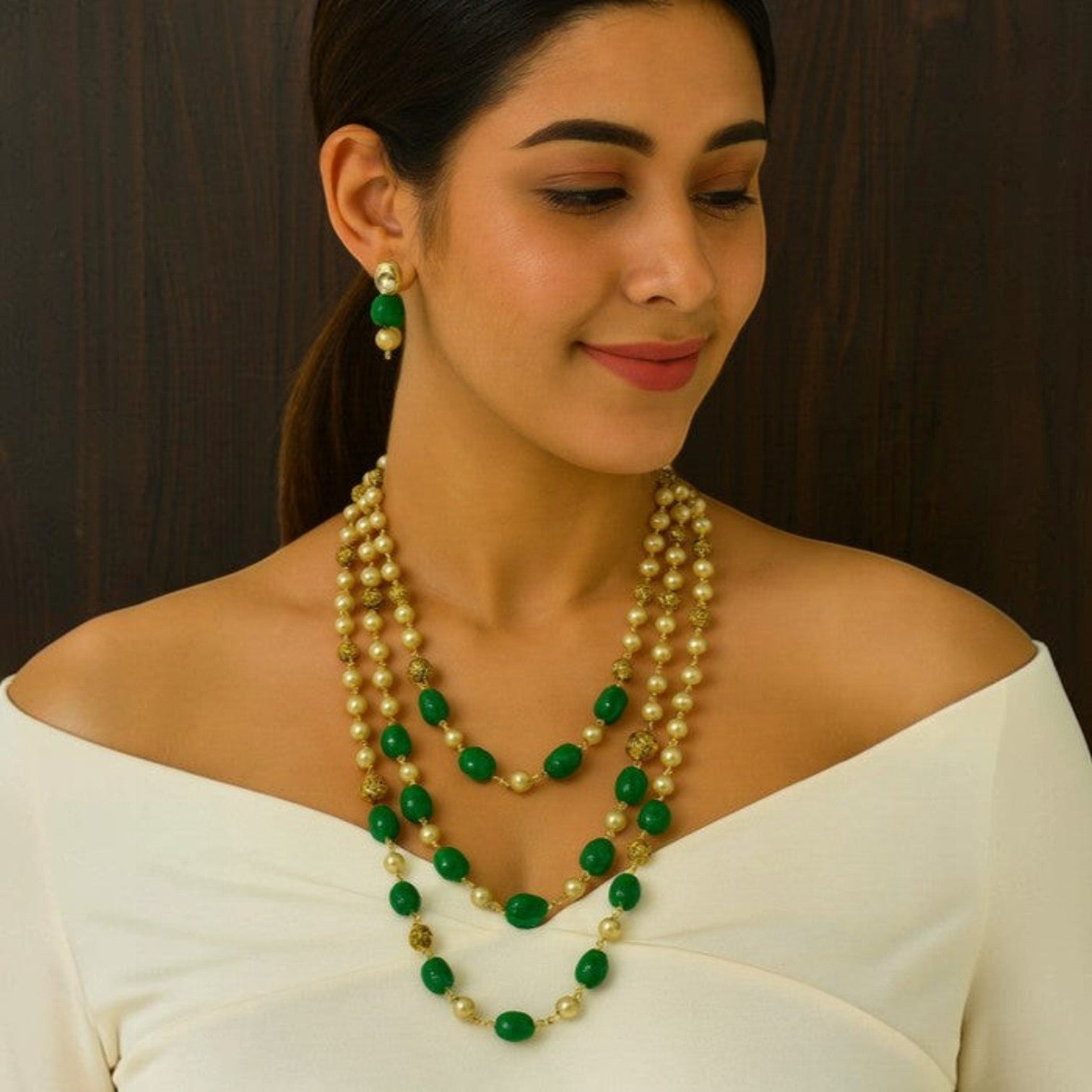 JewelOn antique pearl and green bead layered necklace and earring set with gold accents.